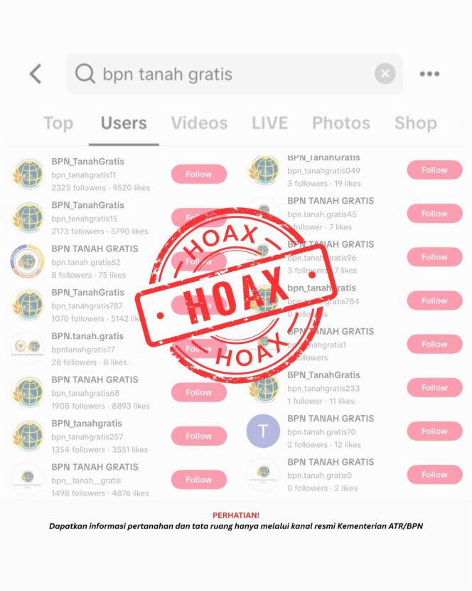 
 Hoaks “BPN Tanah Gratis” Beredar di TikTok, Kementerian ATR/BPN Imbau Masyarakat Waspada