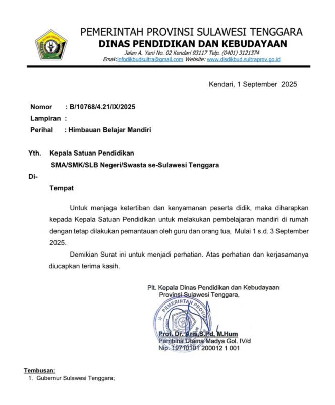 
 Situasi Tak Kondusif, Disdikbud Sultra Liburkan Sekolah