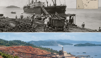 BIJIH YANG BERLAYAR: Dari tanah merah Pomalaa, bijih nikel mulai meninggalkan pesisir Sulawesi menuju Jepang pada akhir 1930-an. Pulau Maniang dan Pulau Lemo menjadi bagian dari awal kisah pertambangan ini, ketika nikel masih diangkut sebagai bijih mentah—tanpa industri pengolahan di tanah asalnya. Sekitar 150 ribu ton bijih tercatat dikapalkan pada 1938–1941, membuka babak panjang perjalanan nikel Pomalaa dari perut bumi menuju dunia. FOTO byChatGPT