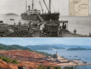 BIJIH YANG BERLAYAR: Dari tanah merah Pomalaa, bijih nikel mulai meninggalkan pesisir Sulawesi menuju Jepang pada akhir 1930-an. Pulau Maniang dan Pulau Lemo menjadi bagian dari awal kisah pertambangan ini, ketika nikel masih diangkut sebagai bijih mentah—tanpa industri pengolahan di tanah asalnya. Sekitar 150 ribu ton bijih tercatat dikapalkan pada 1938–1941, membuka babak panjang perjalanan nikel Pomalaa dari perut bumi menuju dunia. FOTO byChatGPT