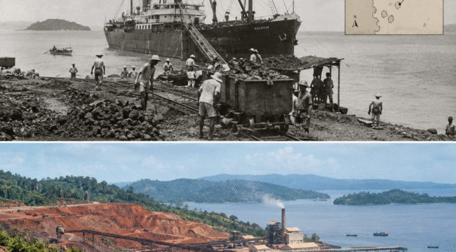BIJIH YANG BERLAYAR: Dari tanah merah Pomalaa, bijih nikel mulai meninggalkan pesisir Sulawesi menuju Jepang pada akhir 1930-an. Pulau Maniang dan Pulau Lemo menjadi bagian dari awal kisah pertambangan ini, ketika nikel masih diangkut sebagai bijih mentah—tanpa industri pengolahan di tanah asalnya. Sekitar 150 ribu ton bijih tercatat dikapalkan pada 1938–1941, membuka babak panjang perjalanan nikel Pomalaa dari perut bumi menuju dunia. FOTO byChatGPT