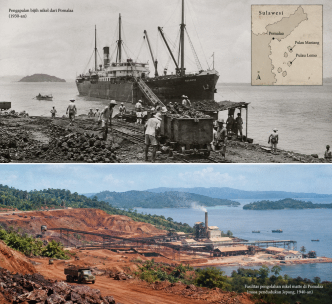 
 BIJIH YANG BERLAYAR: Dari tanah merah Pomalaa, bijih nikel mulai meninggalkan pesisir Sulawesi menuju Jepang pada akhir 1930-an. Pulau Maniang dan Pulau Lemo menjadi bagian dari awal kisah pertambangan ini, ketika nikel masih diangkut sebagai bijih mentah—tanpa industri pengolahan di tanah asalnya. Sekitar 150 ribu ton bijih tercatat dikapalkan pada 1938–1941, membuka babak panjang perjalanan nikel Pomalaa dari perut bumi menuju dunia. FOTO byChatGPT