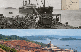 BIJIH YANG BERLAYAR: Dari tanah merah Pomalaa, bijih nikel mulai meninggalkan pesisir Sulawesi menuju Jepang pada akhir 1930-an. Pulau Maniang dan Pulau Lemo menjadi bagian dari awal kisah pertambangan ini, ketika nikel masih diangkut sebagai bijih mentah—tanpa industri pengolahan di tanah asalnya. Sekitar 150 ribu ton bijih tercatat dikapalkan pada 1938–1941, membuka babak panjang perjalanan nikel Pomalaa dari perut bumi menuju dunia. FOTO byChatGPT
