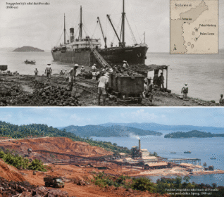 BIJIH YANG BERLAYAR: Dari tanah merah Pomalaa, bijih nikel mulai meninggalkan pesisir Sulawesi
menuju Jepang pada akhir 1930-an. Pulau Maniang dan Pulau Lemo menjadi bagian dari awal kisah
pertambangan ini, ketika nikel masih diangkut sebagai bijih mentah—tanpa industri pengolahan di tanah
asalnya. Sekitar 150 ribu ton bijih tercatat dikapalkan pada 1938–1941, membuka babak panjang
perjalanan nikel Pomalaa dari perut bumi menuju dunia. FOTO byChatGPT