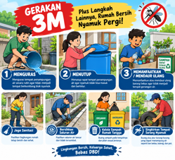 Karikatur gerakan 3M (Menguras, Menutup, Mengubur) by ChatGPT